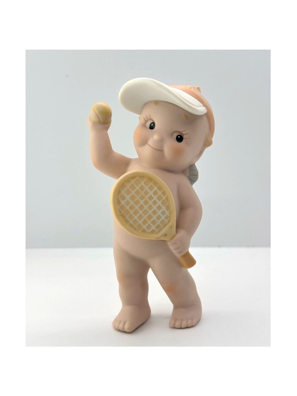 Adorable Vintage 1991 Enesco, Rose O'Neill Porcelain Kewpie Doll, Playing Tennis